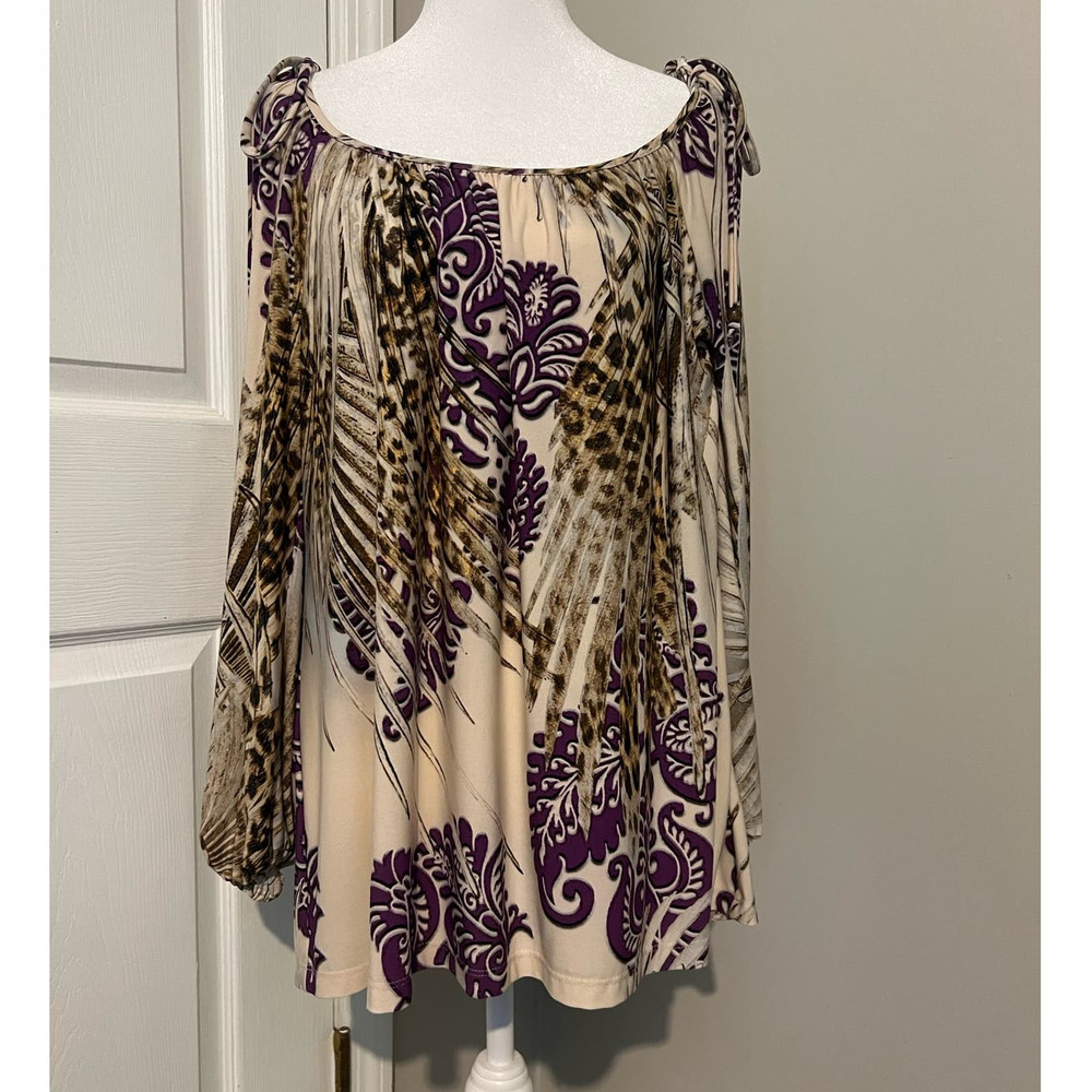 BOSTON PROPER Women Top Purple Paisley Animal Print Open Sleeve Boho Size M